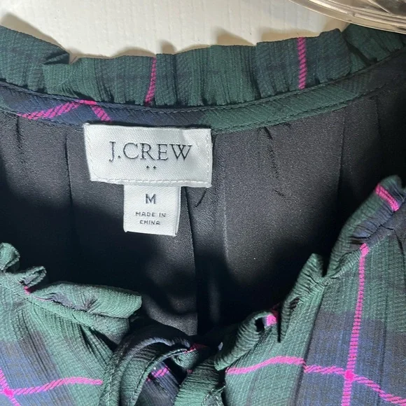 J.CREW Dark Green Plaid Blouson Dress, Ruffle Tie Collar Puff Sleeve Size Medium - Picture 11 of 16